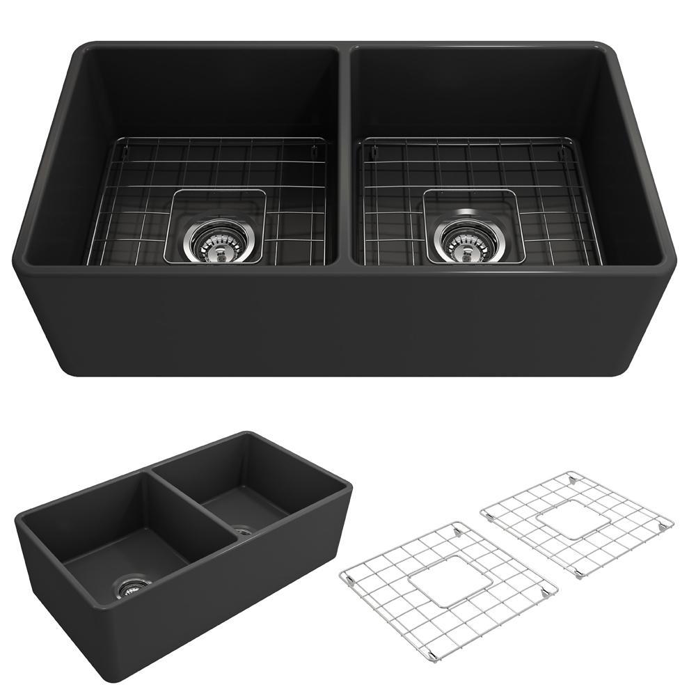 Classico Farmhouse Apron Front Fireclay 33 in. Double Bowl Kitchen Sink with  Bottom Grid and Strainer in White - Super Arbor