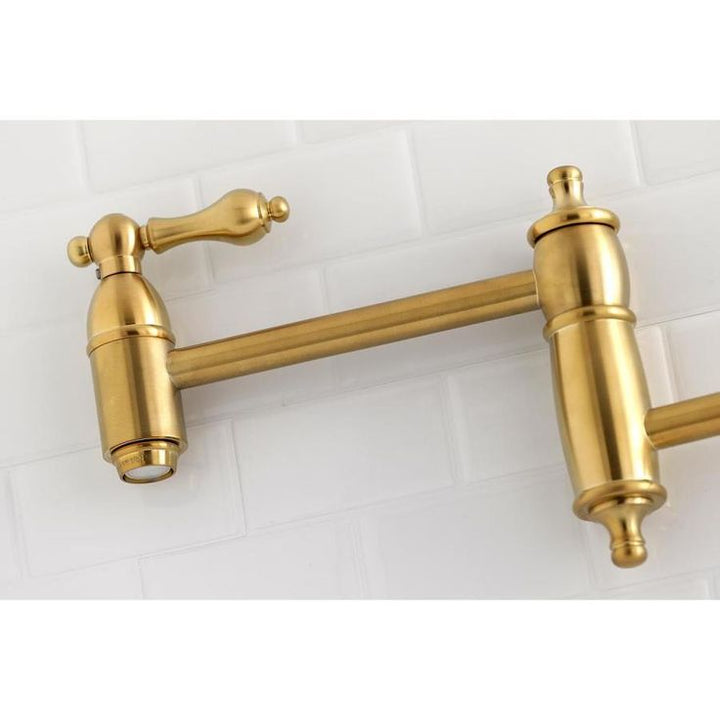 Kingston Brass Restoration Brushed Brass 2-Handle Wall-Mount Pot Filler Handle Kitchen Faucet