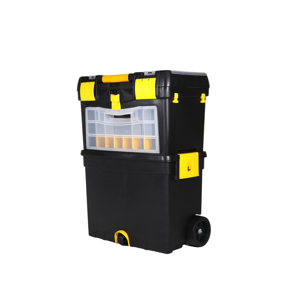 9-1/2 in. and 12-3/4 in. D (2-Tiered) Storage Toolbox with Foldable Auto-Locking Handle in Black - Super Arbor