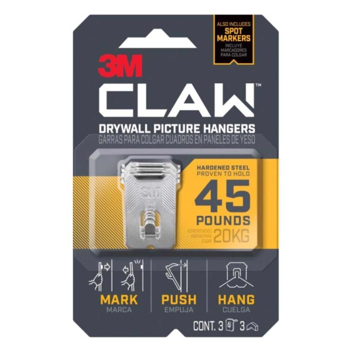 3M Claw Silver Drywall Picture Hanger, 45 lb Capacity, 3-Pack