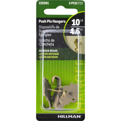 Hillman AnchorWire Antique Brass Push Pin Picture Hook, 10 lb Capacity, 3-Pack