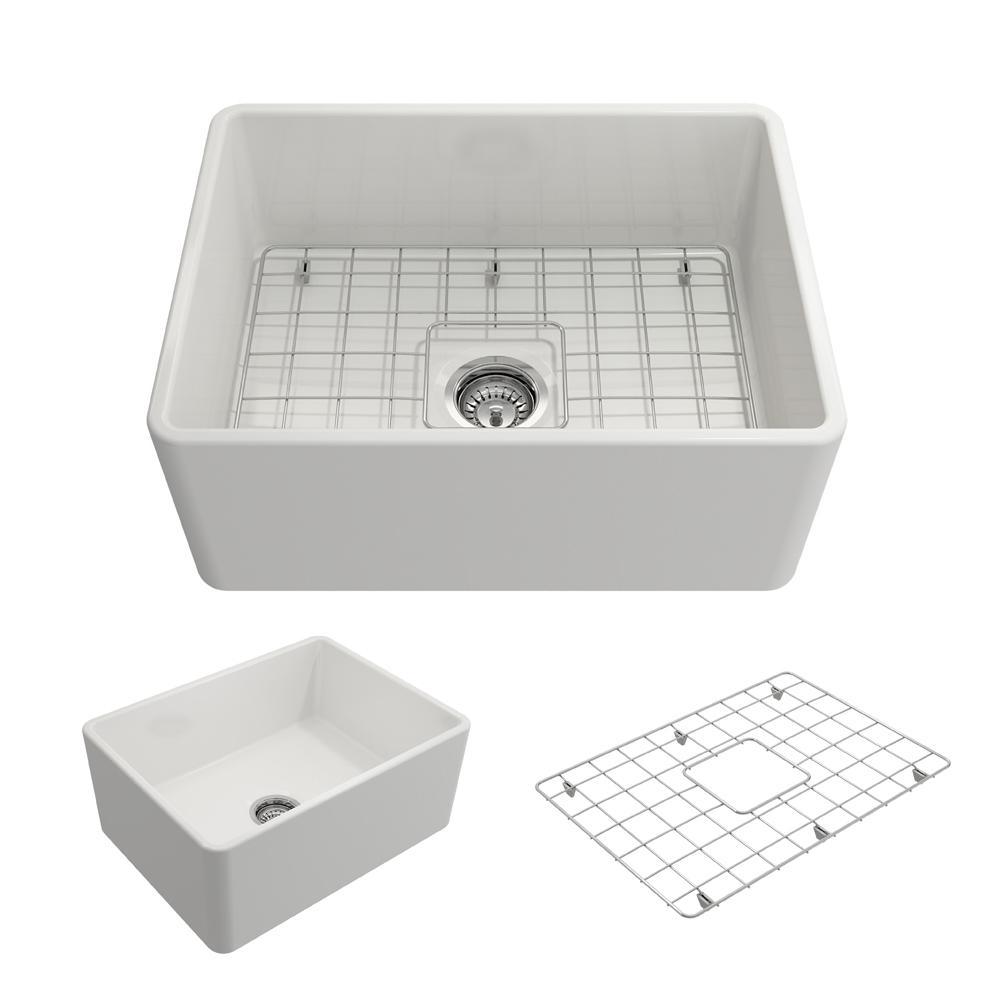 Classico Farmhouse Apron Front Fireclay 30 in. Single Bowl Kitchen Sink with Bottom Grid and Strainer in White - Super Arbor