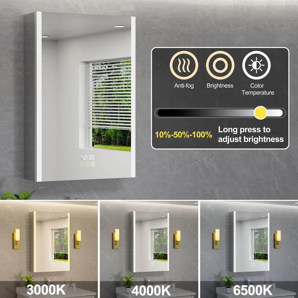 HBEZON Eos 36 in. W x 36 in. H Rectangular Aluminum Surface/Recessed Medicine Cabinet with Mirror and Light, LED Clock