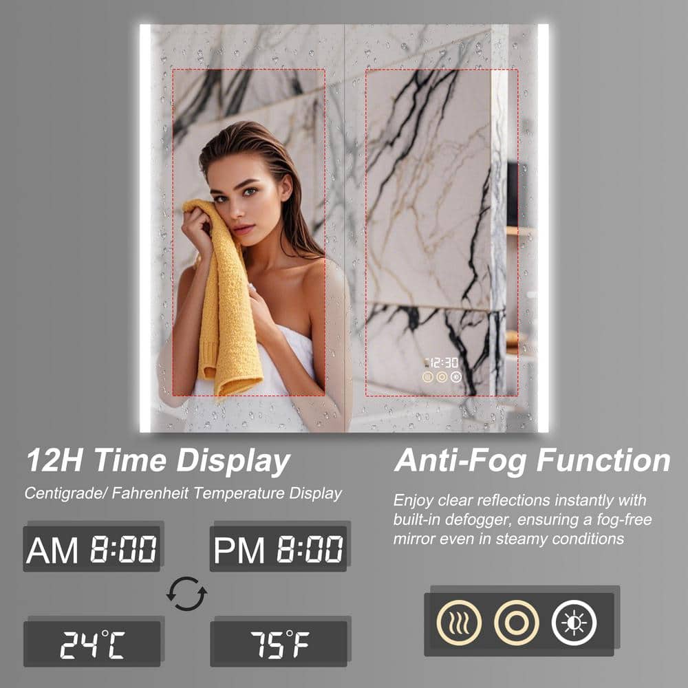 HBEZON Eos 36 in. W x 36 in. H Rectangular Aluminum Surface/Recessed Medicine Cabinet with Mirror and Light, LED Clock