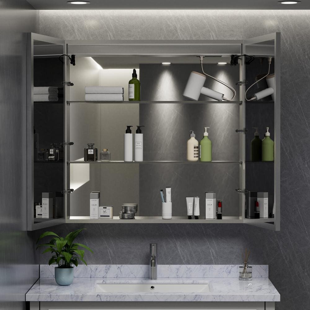 HBEZON Eos 36 in. W x 36 in. H Rectangular Aluminum Surface/Recessed Medicine Cabinet with Mirror and Light, LED Clock