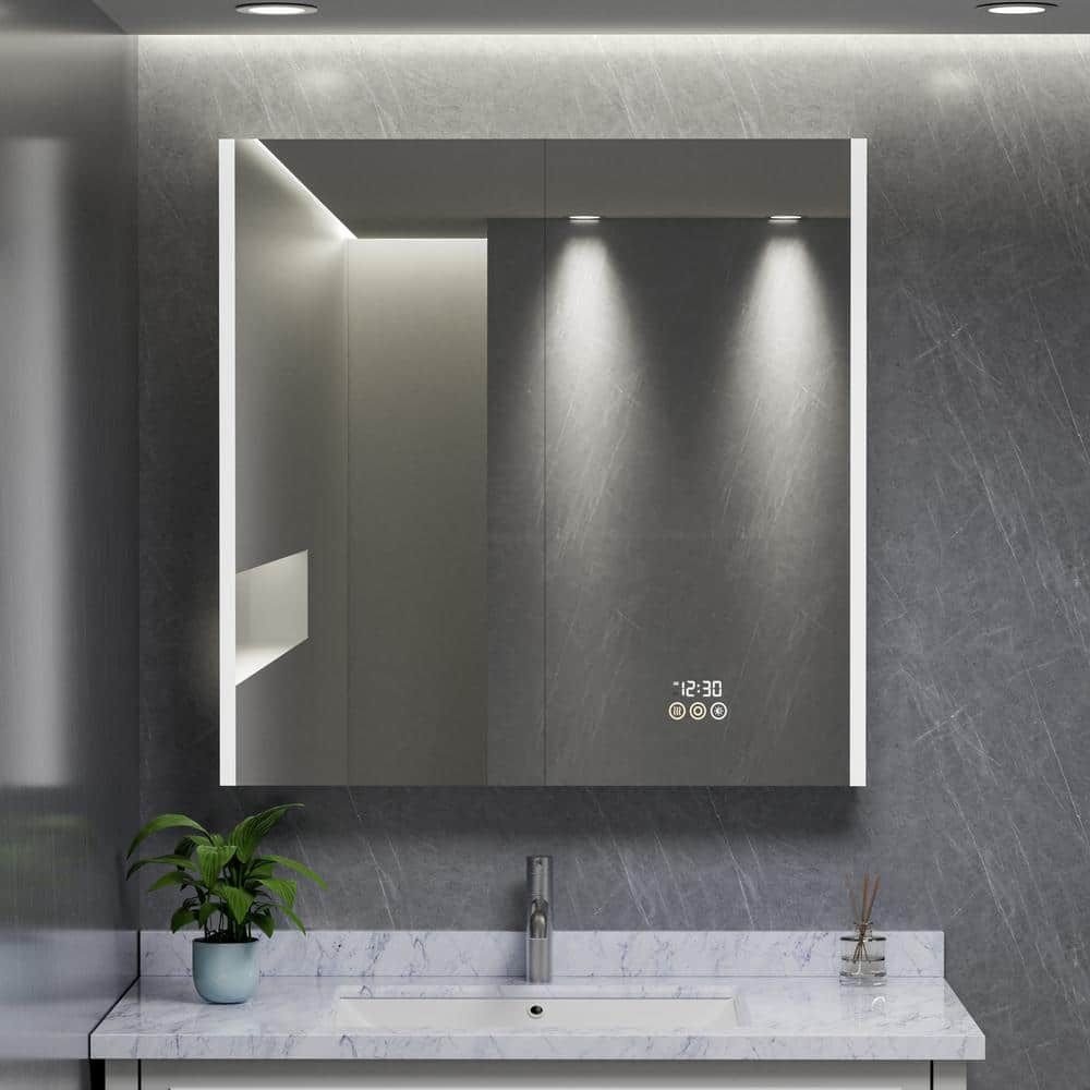 HBEZON Eos 36 in. W x 36 in. H Rectangular Aluminum Surface/Recessed Medicine Cabinet with Mirror and Light, LED Clock