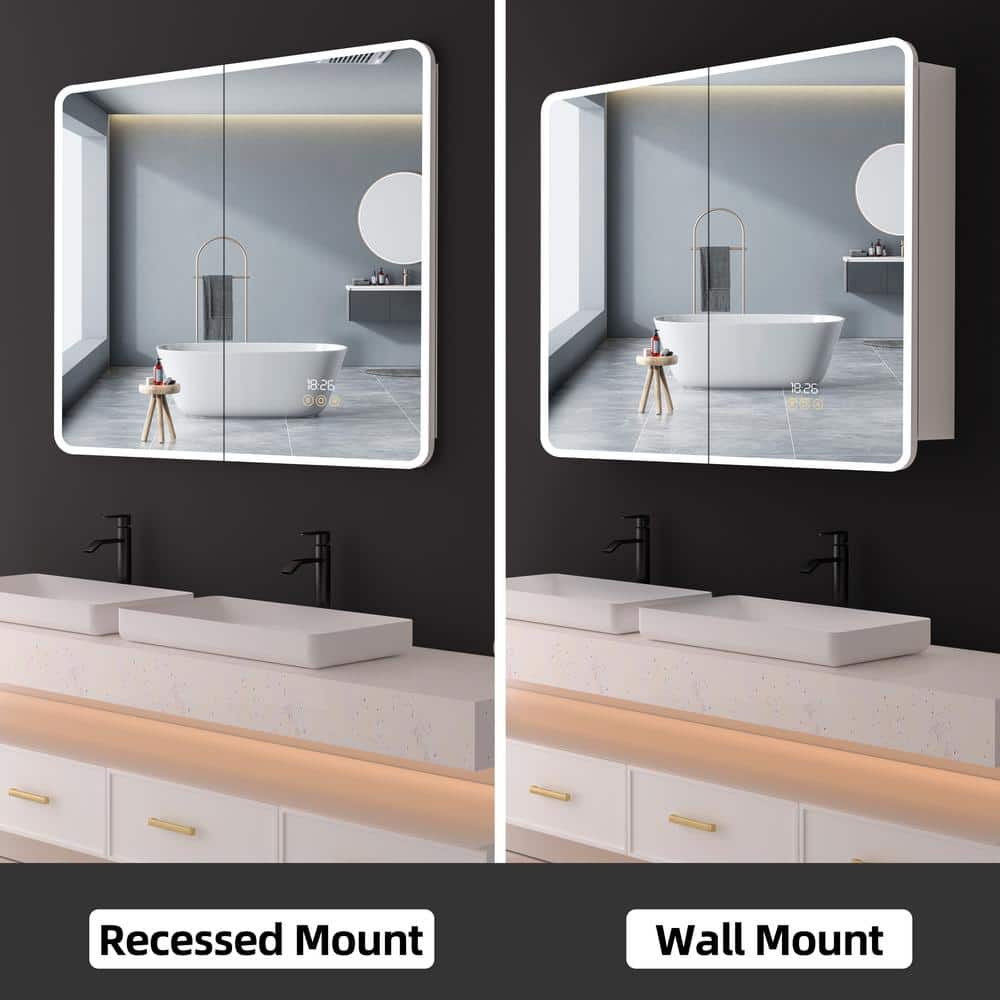 HBEZON Aura 36 in. W x 36 in. H Medium Rectangular Aluminum Recessed/Surface Mount Dimmable Medicine Cabinet with Mirror