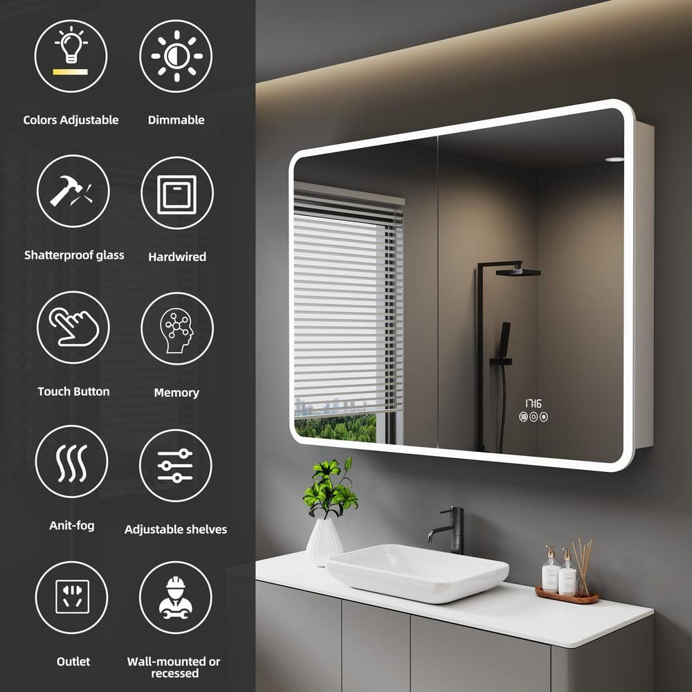 HBEZON Aura 36 in. W x 36 in. H Medium Rectangular Aluminum Recessed/Surface Mount Dimmable Medicine Cabinet with Mirror