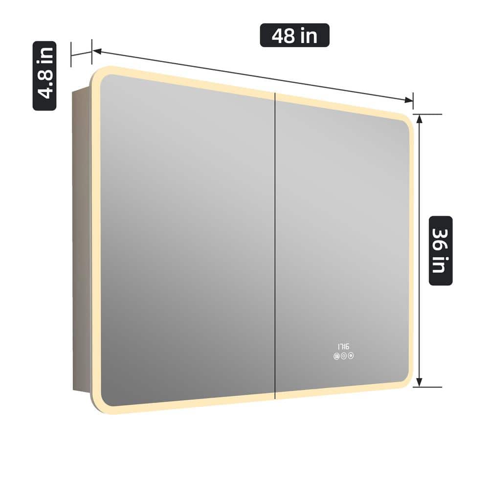 HBEZON Aura 36 in. W x 36 in. H Medium Rectangular Aluminum Recessed/Surface Mount Dimmable Medicine Cabinet with Mirror