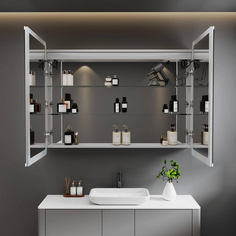 HBEZON Aura 36 in. W x 36 in. H Medium Rectangular Aluminum Recessed/Surface Mount Dimmable Medicine Cabinet with Mirror