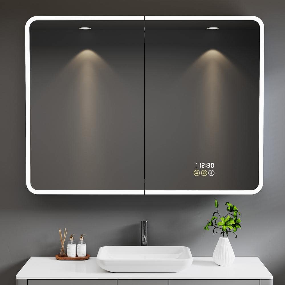 HBEZON Aura 36 in. W x 36 in. H Medium Rectangular Aluminum Recessed/Surface Mount Dimmable Medicine Cabinet with Mirror
