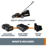 Worx POWER SHARE 40-Volt 17 in. Cordless Battery Walk Behind Mower with Mulching & Intellicut, (Battery & Charger Included)