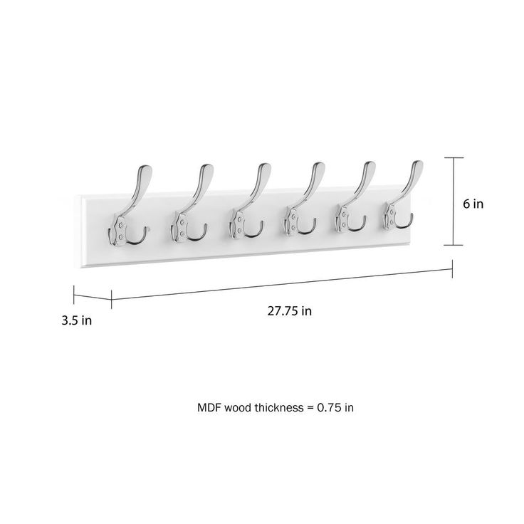 27.75 in. L White Rail-Mounted Wall Hook Hanging Rack with 6 Hooks