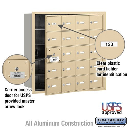 4B+ Horizontal Mailbox with 20 A Doors, Sandstone Finish, Rear Loading, USPS Approved