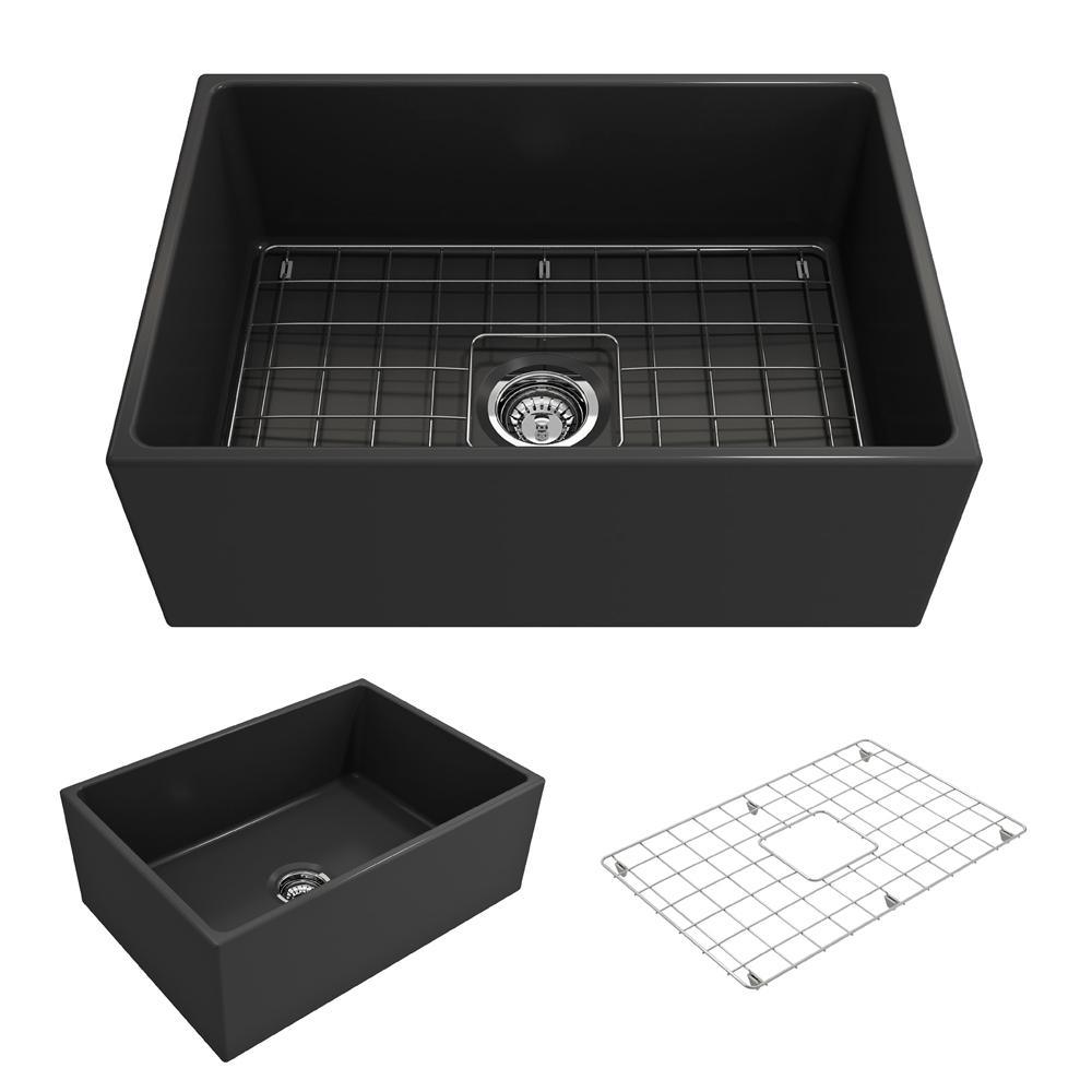 Contempo Farmhouse Apron Front Fireclay 27 in. Single Bowl Kitchen Sink with Bottom Grid and Strainer in White - Super Arbor
