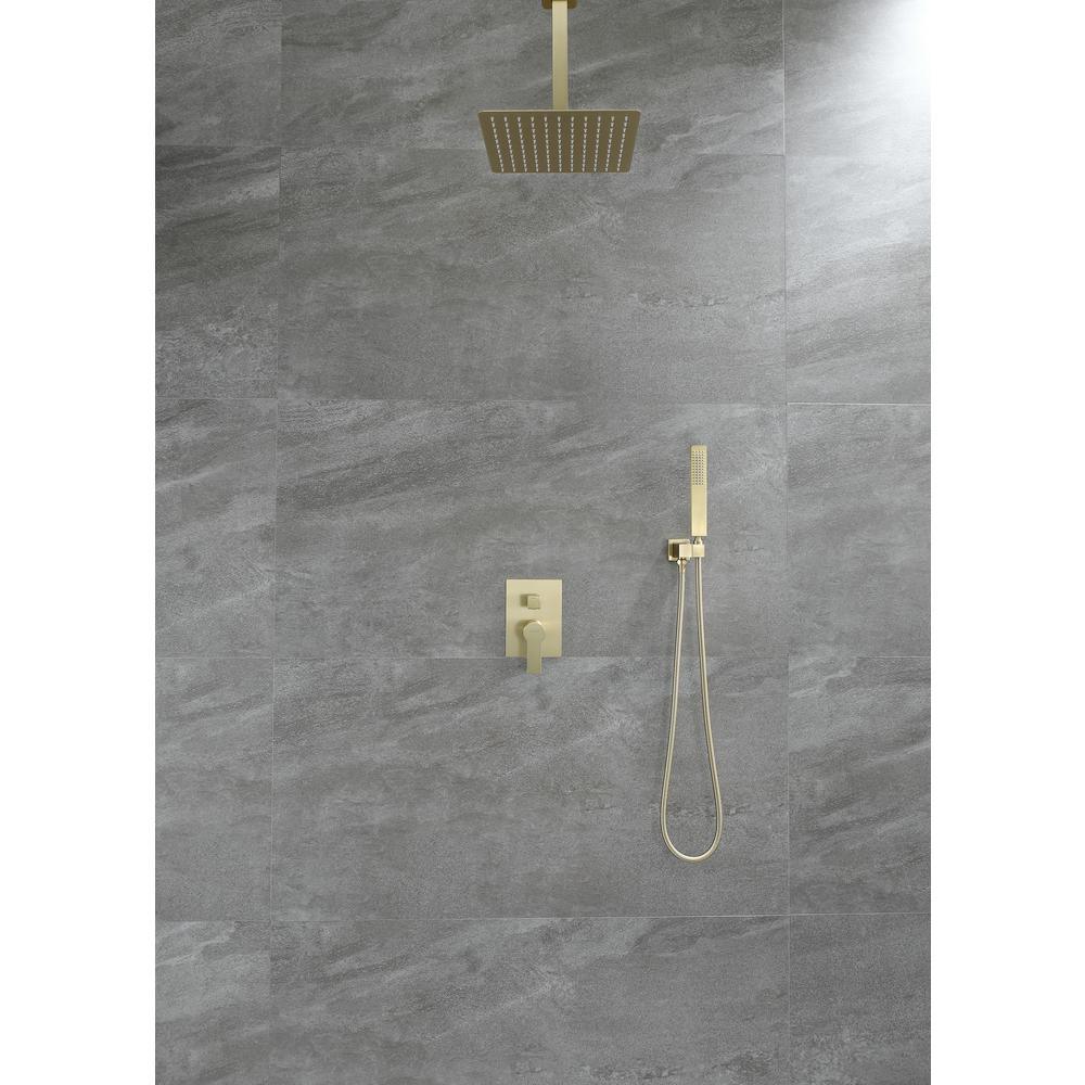 1-Spray Patterns with 2.66 GPM 10 in. Wall Mount Dual Shower Heads with Rough-In Valve Body and Trim in Brushed Gold - Super Arbor