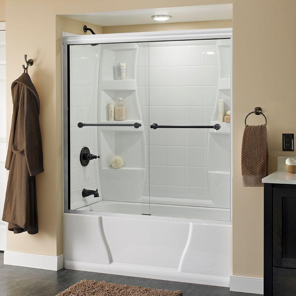 Crestfield 60 in. x 58-1/8 in. Semi-Frameless Traditional Sliding Bathtub Door in Bronze with Transition Glass - Super Arbor
