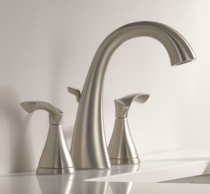 Delta Sandover Spotshield Brushed Nickel 2-handle Widespread WaterSense Bathroom Sink Faucet with Drain