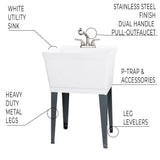 Complete 22.875 in. x 23.5 in. White 19 Gal. Utility Sink Set with Non-Metallic Stainless Steel Finish Pull-Out Faucet - Super Arbor