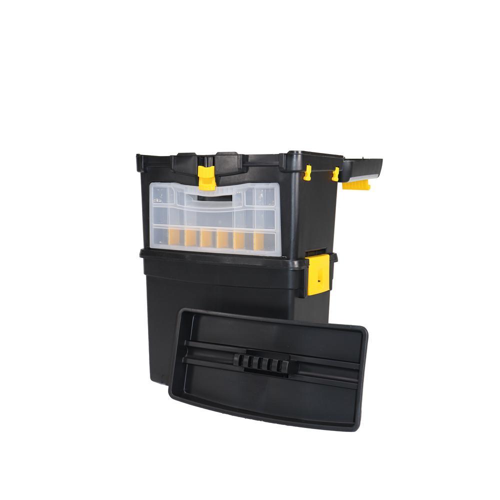 9-1/2 in. and 12-3/4 in. D (2-Tiered) Storage Toolbox with Foldable Auto-Locking Handle in Black - Super Arbor