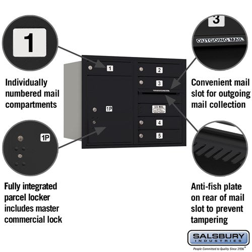 6-Door High Recessed Mounted Mailbox with Parcel Locker - Black - Rear Loading