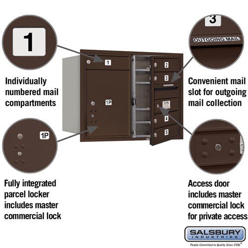 6 Door High Recessed Mounted 4C Horizontal Mailbox with Parcel Locker in Bronze - Private Access