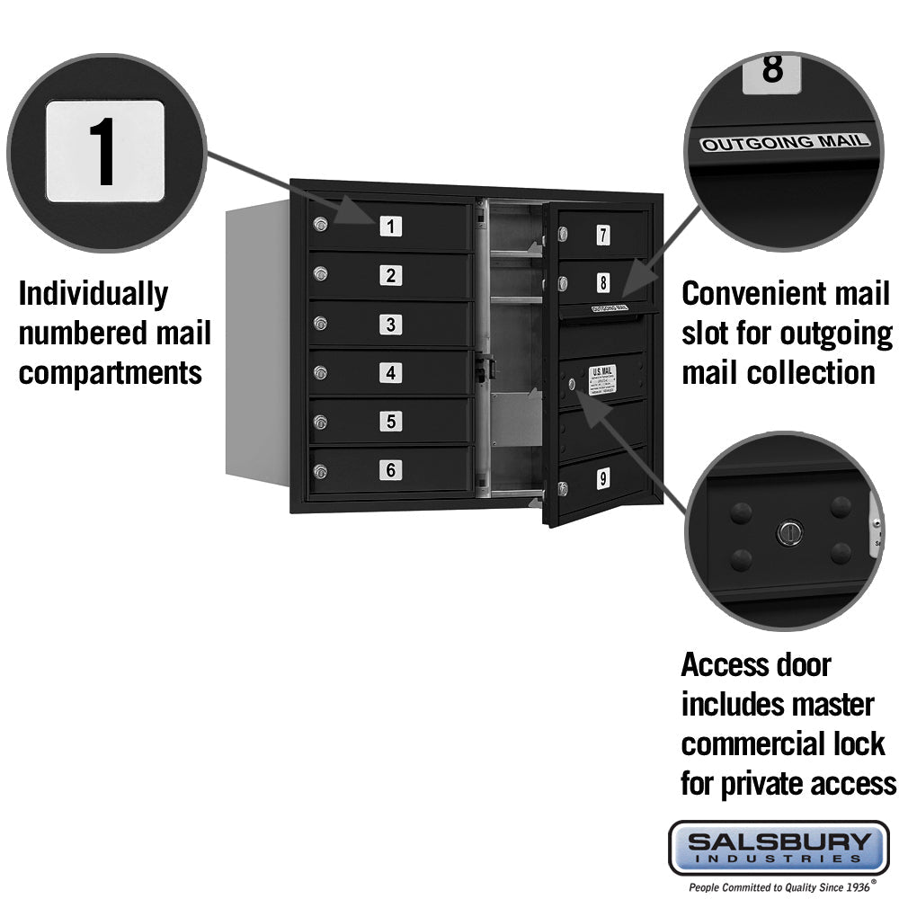 6 Door High Recessed Mounted 4C Horizontal Mailbox with 9 Compartments - Black - Private Access - Front Loading