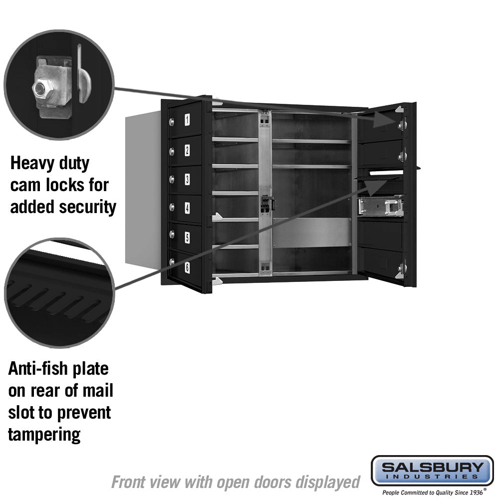 6 Door High Recessed Mounted 4C Horizontal Mailbox with 9 Compartments - Black - Private Access - Front Loading