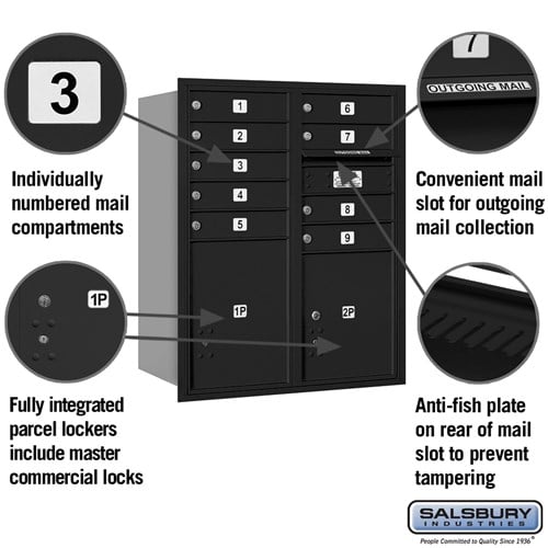 10 Door High Recessed Mounted 4C Horizontal Mailbox with Parcel Lockers - Black - Rear Loading