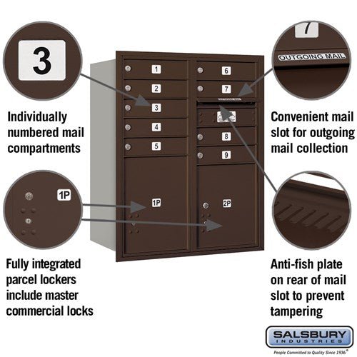10 Door High Recessed Mounted 4C Horizontal Mailbox with Parcel Lockers - Bronze - Rear Loading