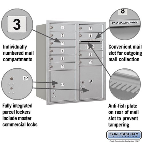 10 Door High Recessed Mounted 4C Horizontal Mailbox with Parcel Lockers - Rear Loading