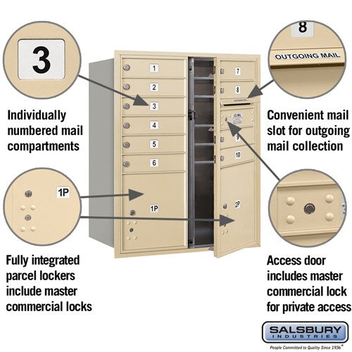 10 Door High Recessed Mounted 4C Horizontal Mailbox with Parcel Lockers in Sandstone - Private Access