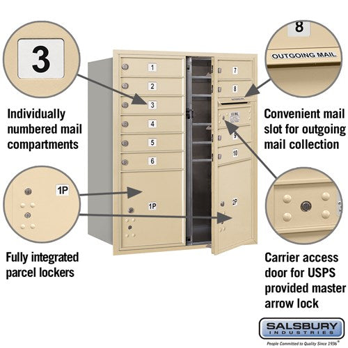 10 Door High Recessed Mounted 4C Horizontal Mailbox with Parcel Lockers - Sandstone