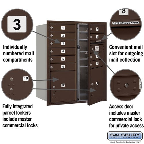 10 Door High Recessed Mounted 4C Horizontal Mailbox with Parcel Lockers - Bronze - Private Access