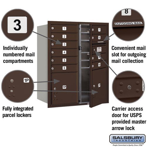 10 Door High Recessed Mounted 4C Horizontal Mailbox with Parcel Lockers - Bronze