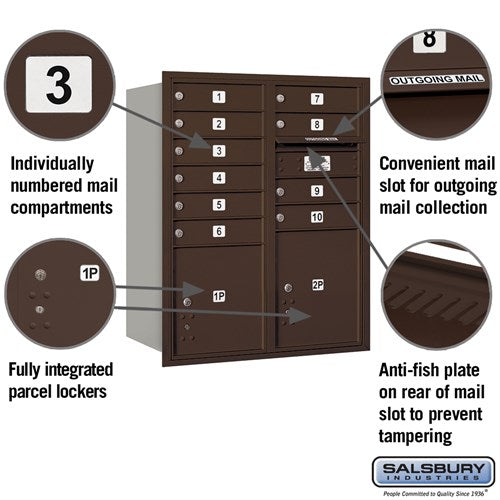 10 Door High Recessed Mounted 4C Horizontal Mailbox with Parcel Lockers - Bronze