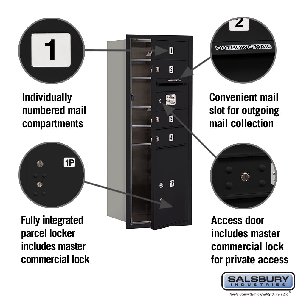 10 Door High Recessed Mounted 4C Horizontal Parcel Locker with 4 Parcel Lockers in Black - Front Loading