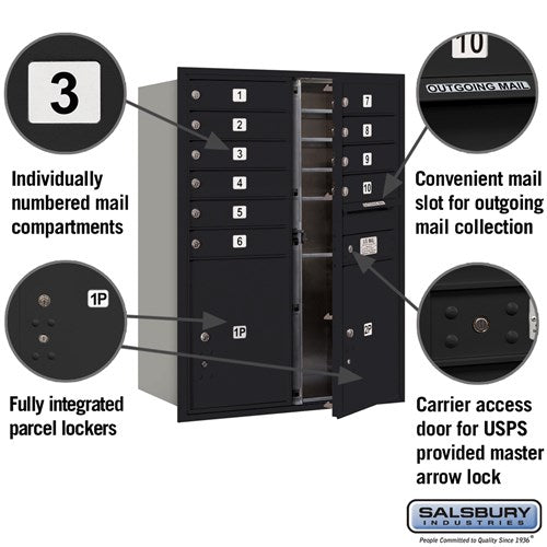 11 Door High Recessed Mounted 4C Horizontal Mailbox with Parcel Lockers - Black