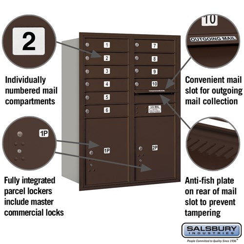 11 Door High Recessed Mounted Mailbox with Parcel Locker - Bronze - Rear Loading