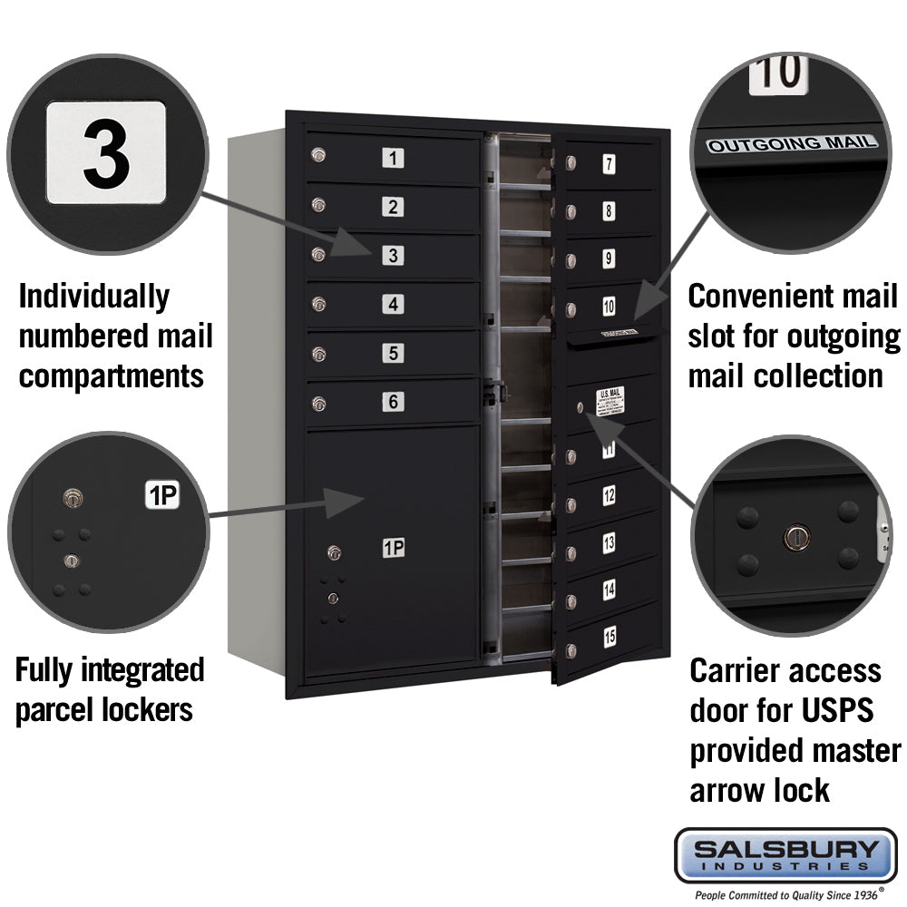 11 Door High Recessed Mounted 4C Horizontal Mailbox with Parcel Lockers - Black