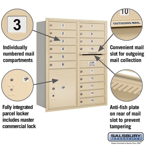 11 Door High Recessed Mounted Mailbox with 15 Compartments and Parcel Locker - Sandstone Finish