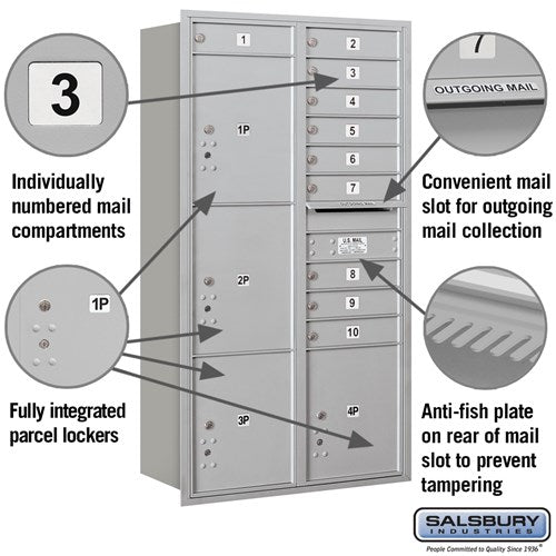 Maximum Height Recessed Mounted 4C Horizontal Mailbox with 10 Doors and 4 Parcel Lockers - Rear Loading