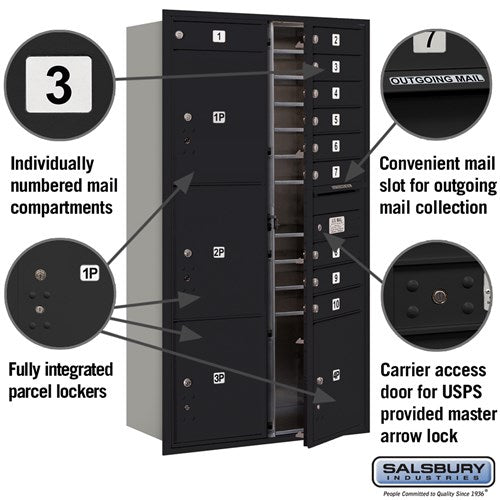 Maximum Height Recessed Mounted 4C Horizontal Mailbox with 10 Doors and 4 Parcel Lockers in Black with USPS Access