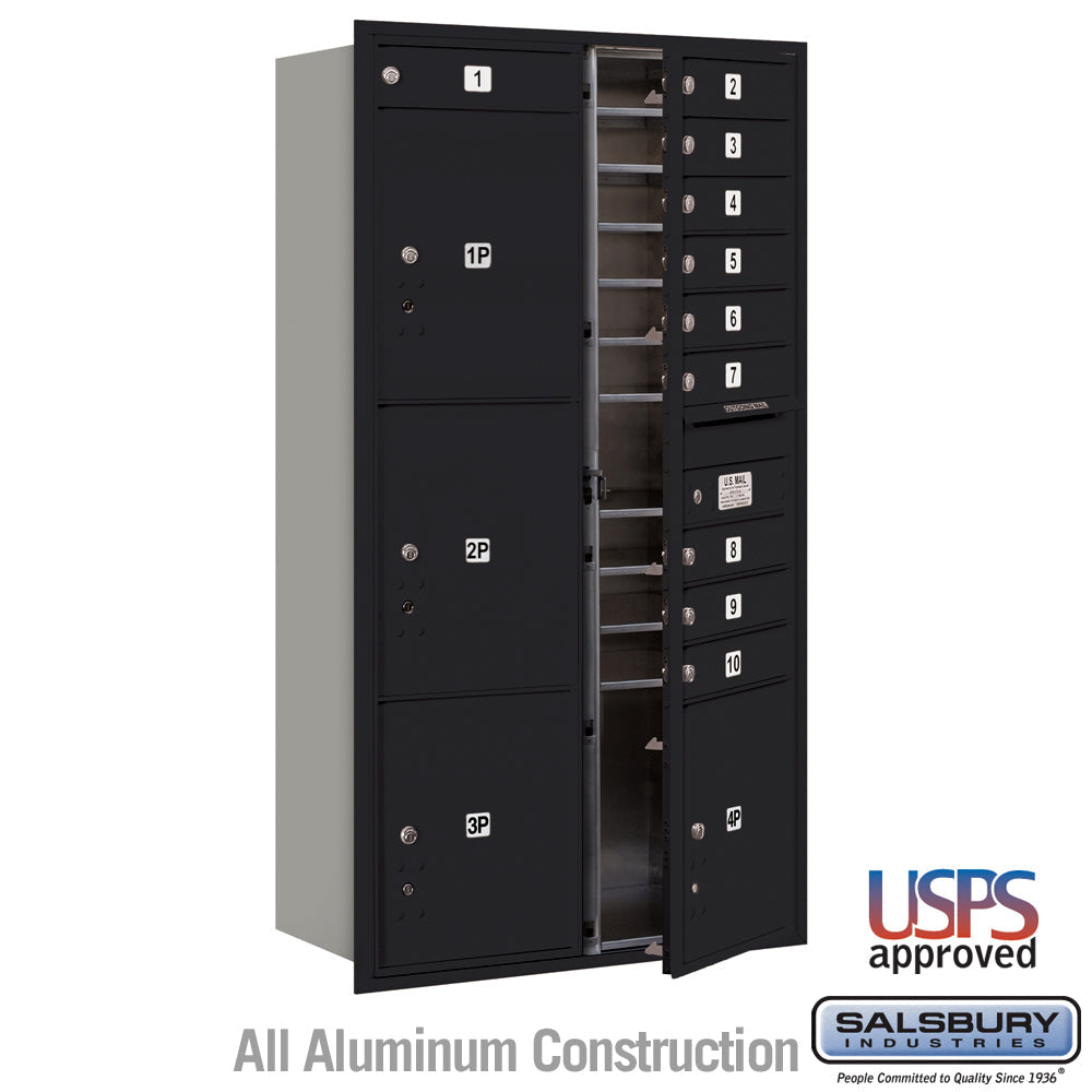 Maximum Height Recessed Mounted 4C Horizontal Mailbox with 10 Doors and 4 Parcel Lockers in Black with USPS Access