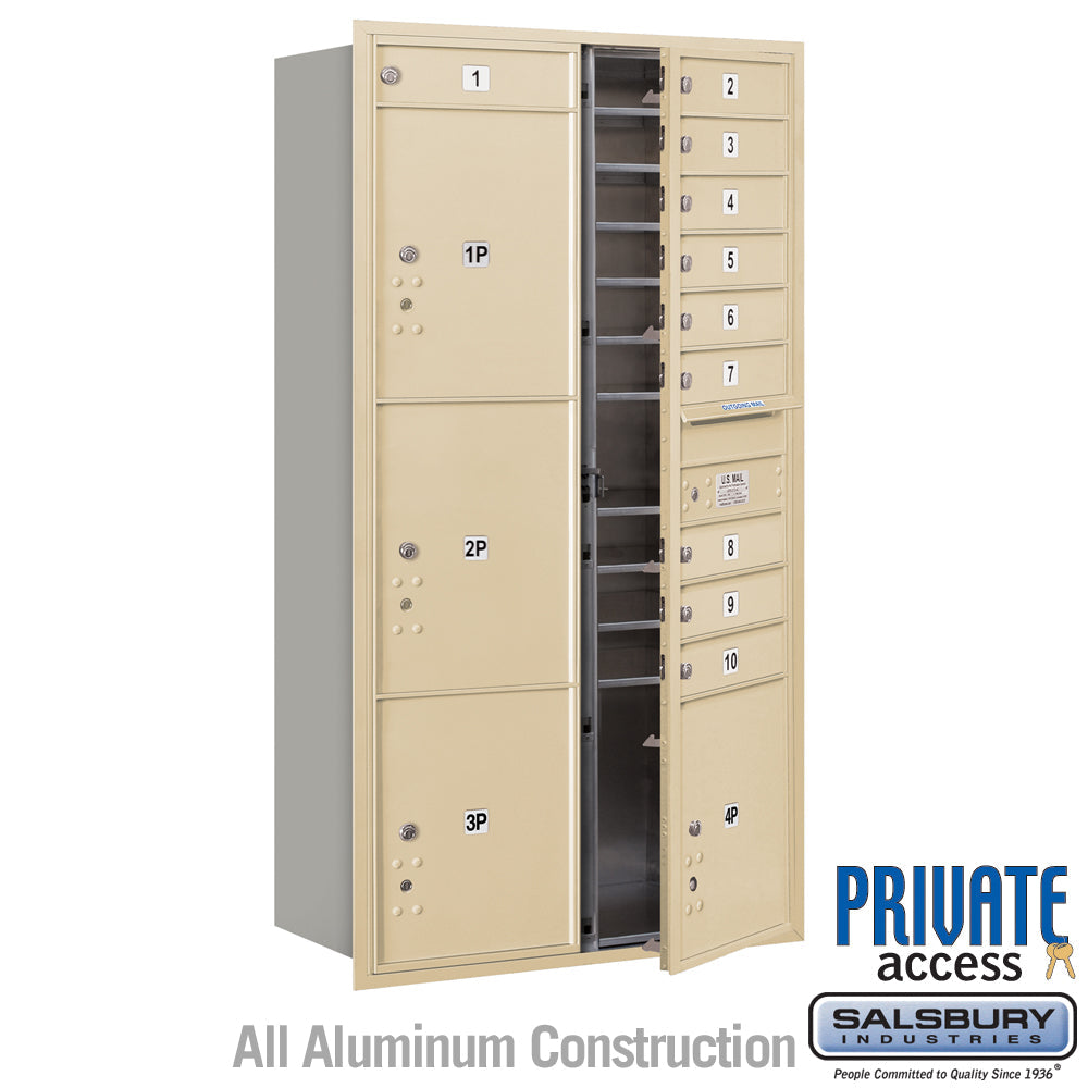 Maximum Height Recessed Mounted Mailbox with 10 Doors and 4 Parcel Lockers - Sandstone