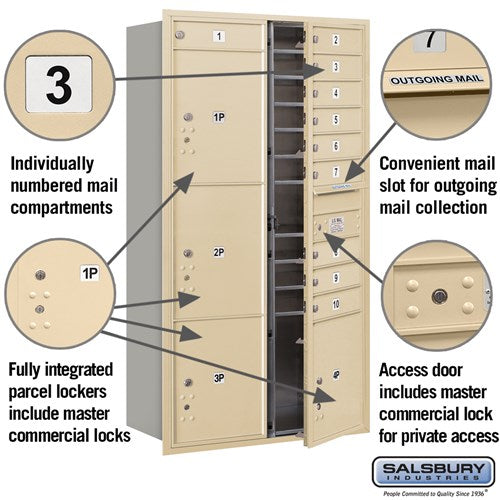 Maximum Height Recessed Mounted Mailbox with 10 Doors and 4 Parcel Lockers - Sandstone