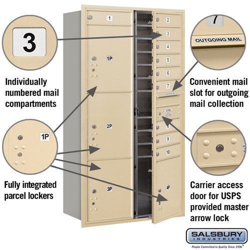 Maximum Height Recessed Mounted 4C Horizontal Mailbox with 10 Doors and 4 Parcel Lockers in Sandstone with USPS Access