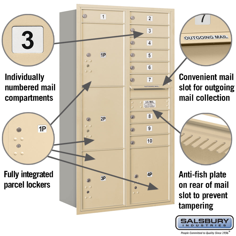 Maximum Height Recessed Mounted 4C Horizontal Mailbox with 10 Doors and 4 Parcel Lockers in Sandstone