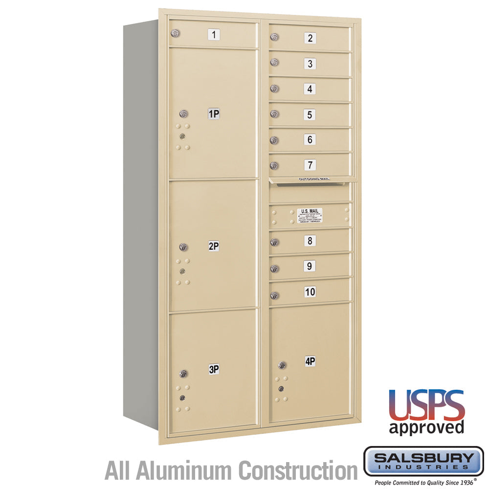 Maximum Height Recessed Mounted 4C Horizontal Mailbox with 10 Doors and 4 Parcel Lockers in Sandstone