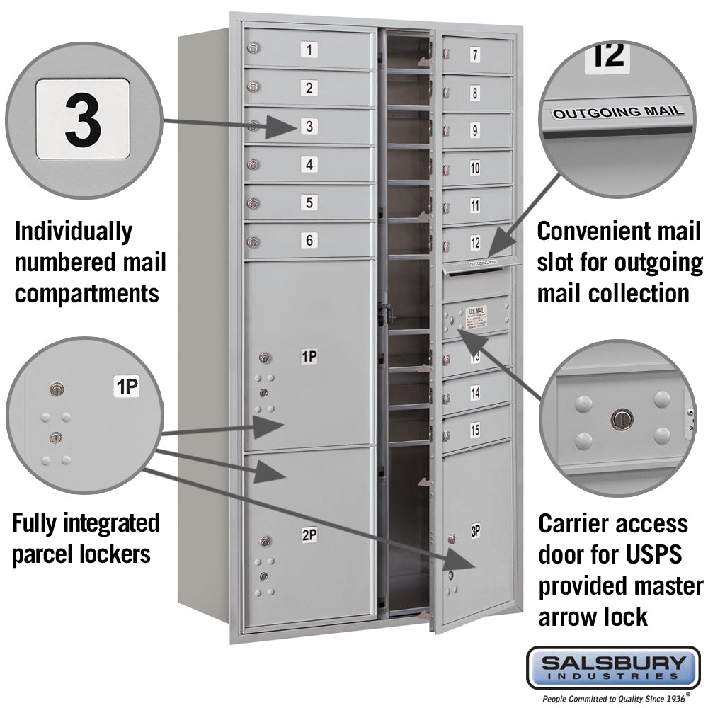Salsbury 3700 Horizontal Series Recessed Mount Mailbox, 3 Parcel Lockers, Front-Loading, Aluminum